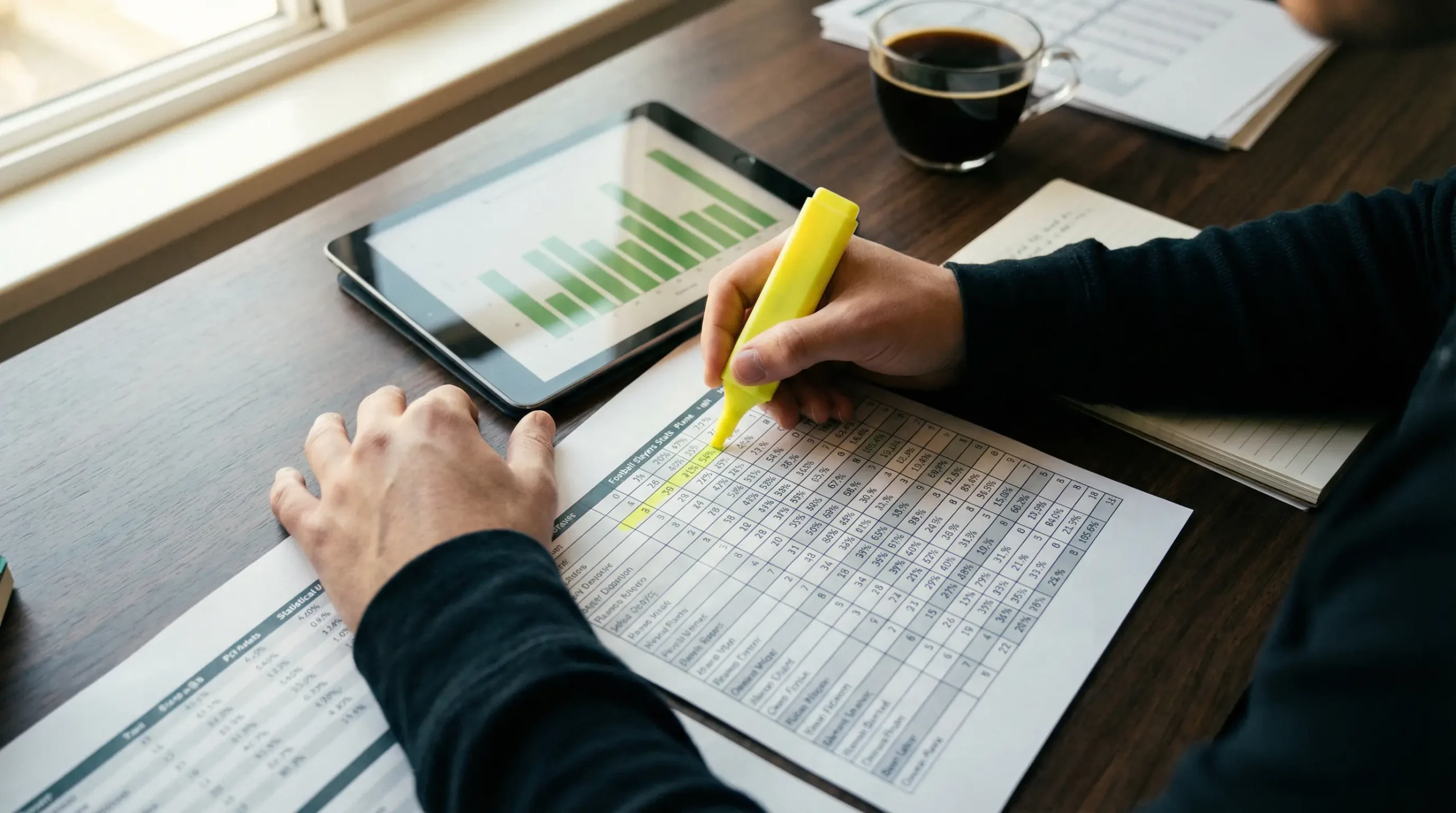 Analista revisando gráficos de rendimiento y estadísticas de la Eredivisie en una mesa de trabajo