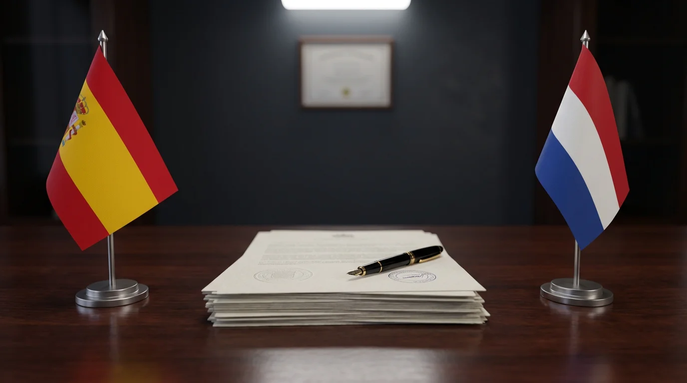 Banderas de España y Países Bajos junto a un documento regulatorio de apuestas deportivas