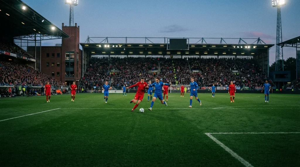 Dos equipos de fútbol disputando un partido en un estadio de la Eredivisie holandesa