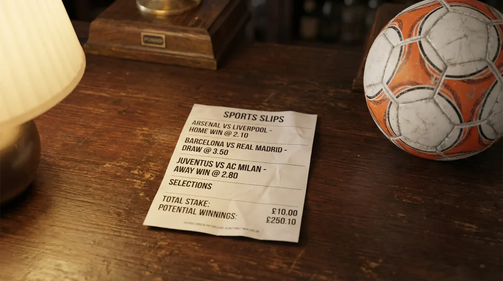 Boleto de apuestas múltiples sobre una mesa junto a un balón de fútbol de la liga holandesa