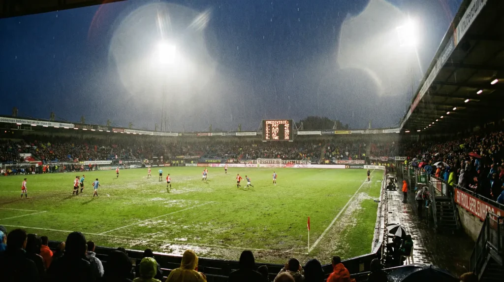 Campo de fútbol holandés visto desde la grada con la tabla de clasificación en el marcador electrónico