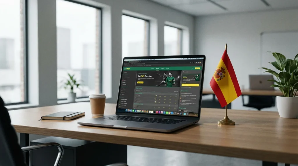 Ordenador portátil mostrando una plataforma de apuestas deportivas con la bandera de España de fondo