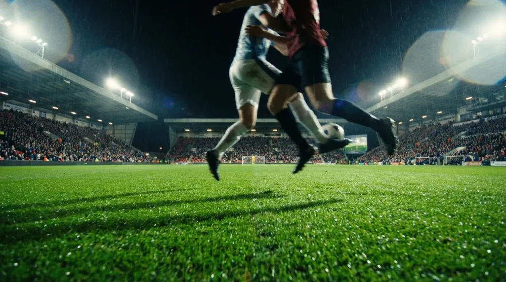 Partido de fútbol de la Eredivisie en curso con jugadores disputando el balón en el campo