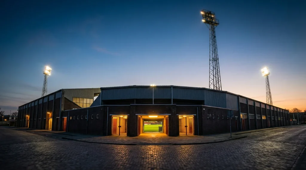 Estadio de fútbol holandés iluminado durante un partido nocturno de la Eredivisie