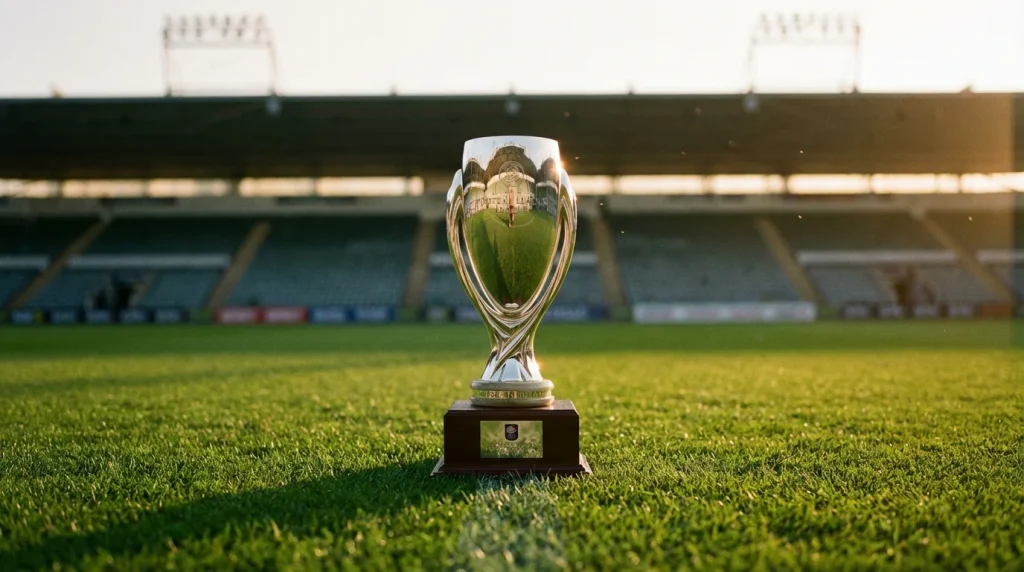 Trofeo de campeón de liga sobre un pedestal en el centro de un campo de fútbol con césped verde