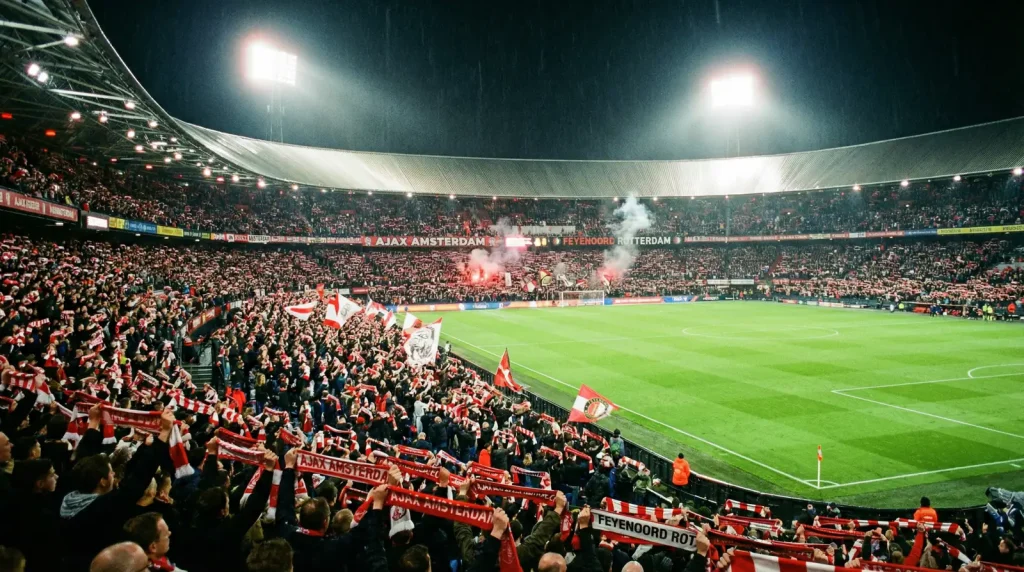Grada llena de un estadio de fútbol holandés con banderas y bufandas durante un partido nocturno de la Eredivisie