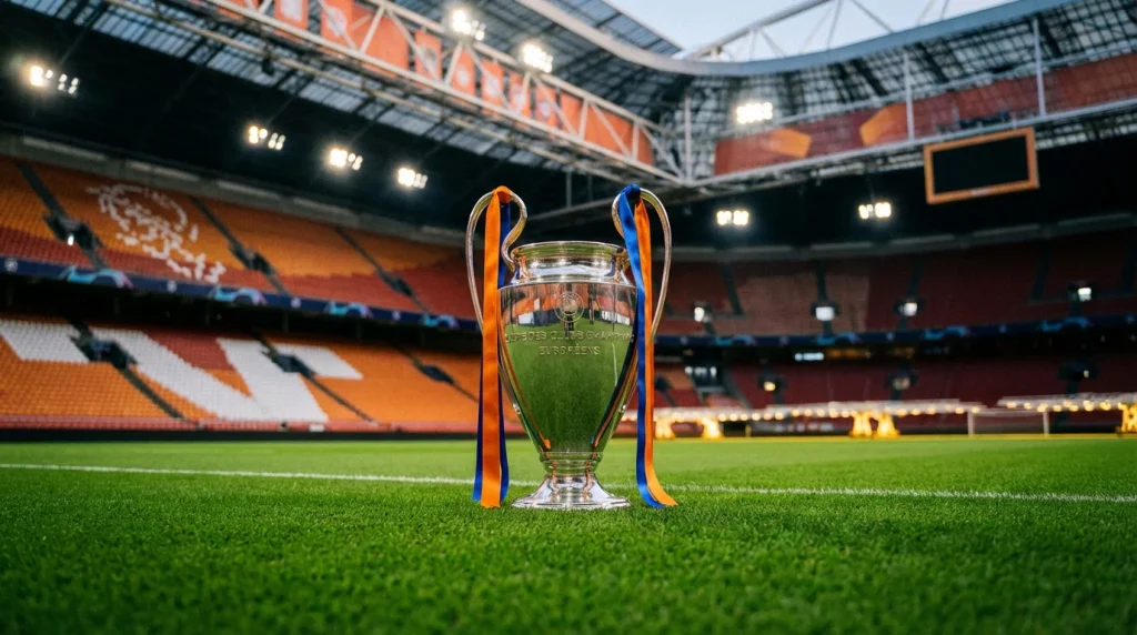 Trofeo de competición europea de fútbol sobre césped de un estadio holandés iluminado