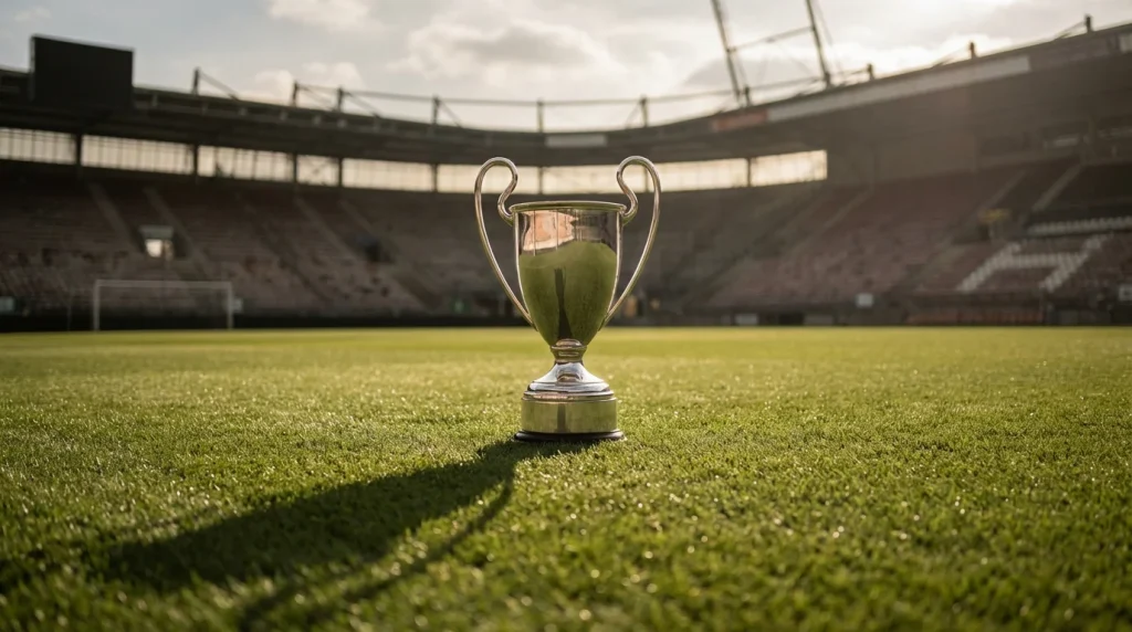 Trofeo de la Eredivisie sobre el césped de un campo de fútbol holandés