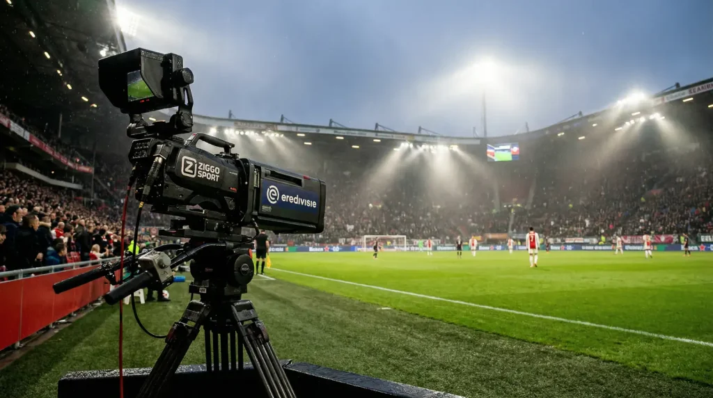 Cámara de televisión enfocando un partido de fútbol de la Eredivisie en un estadio holandés