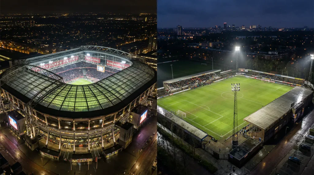 Estadio grande de fútbol holandés iluminado junto a un estadio pequeño de provincia en contraste nocturno