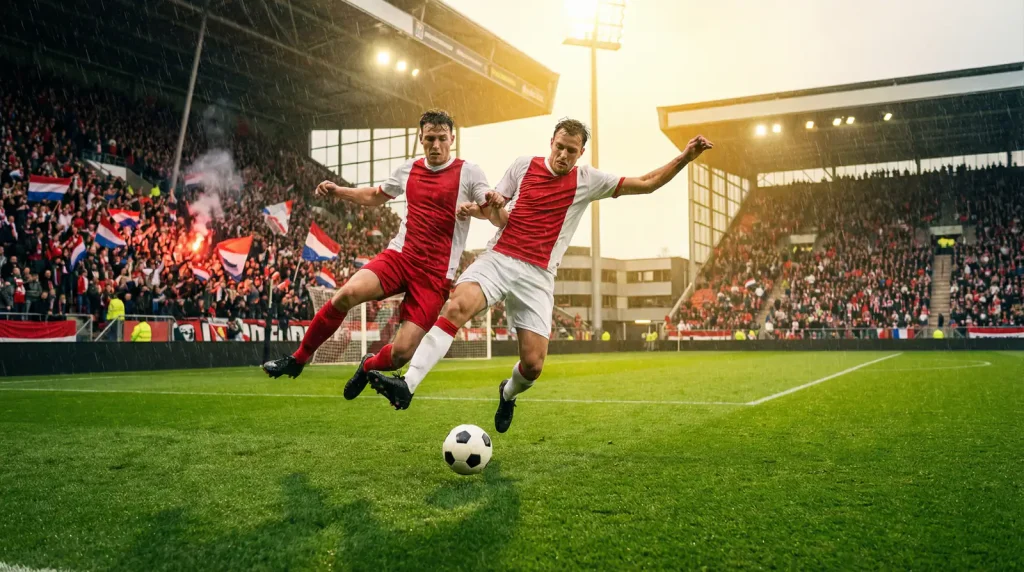Jugadores de fútbol de la Eredivisie disputando un balón en un estadio lleno de espectadores