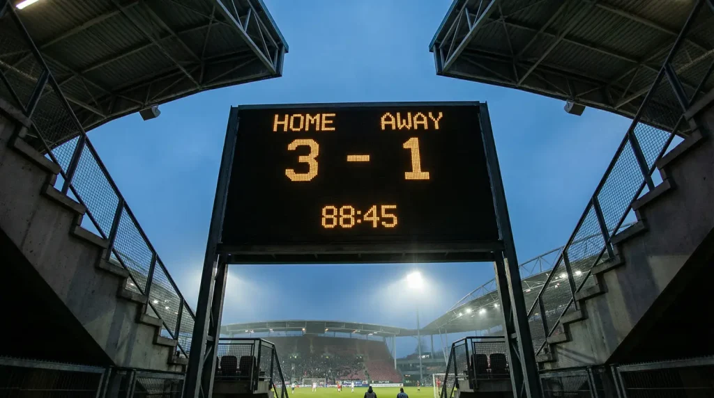 Marcador electrónico de un estadio de fútbol holandés mostrando el resultado de un partido