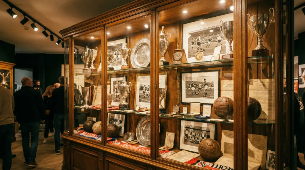 Vitrina con trofeos de fútbol holandés y fotografías históricas en blanco y negro de la Eredivisie