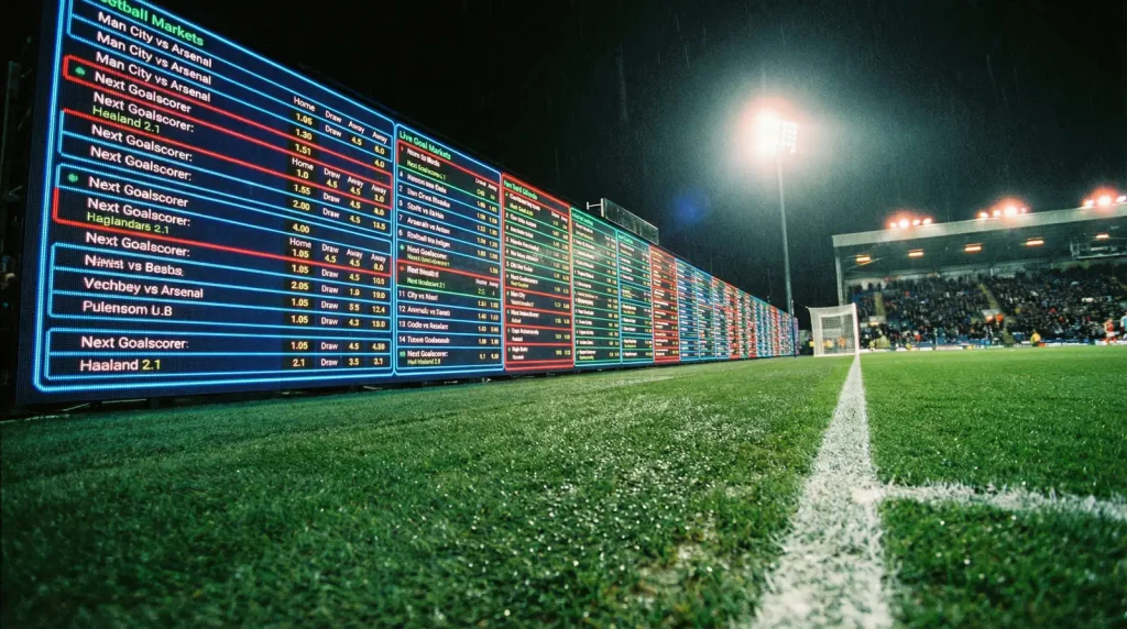 Tablero de apuestas deportivas con múltiples mercados y cuotas iluminado junto a un campo de fútbol