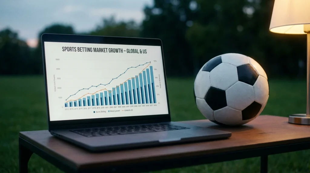 Pantalla con gráficos de crecimiento del mercado de apuestas deportivas junto a un balón de fútbol sobre césped