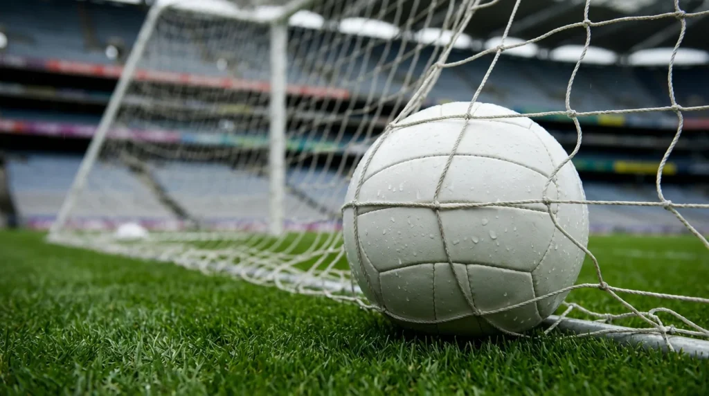 Balón de fútbol junto a la red de una portería en un campo de la Eredivisie