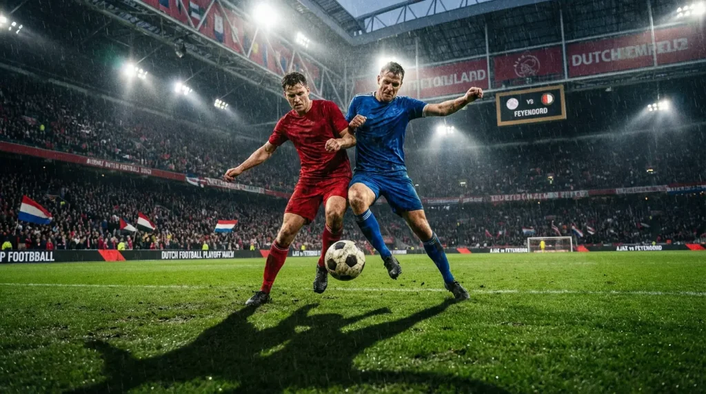 Jugadores de fútbol disputando un balón dividido en un partido de play-off bajo focos en un estadio holandés