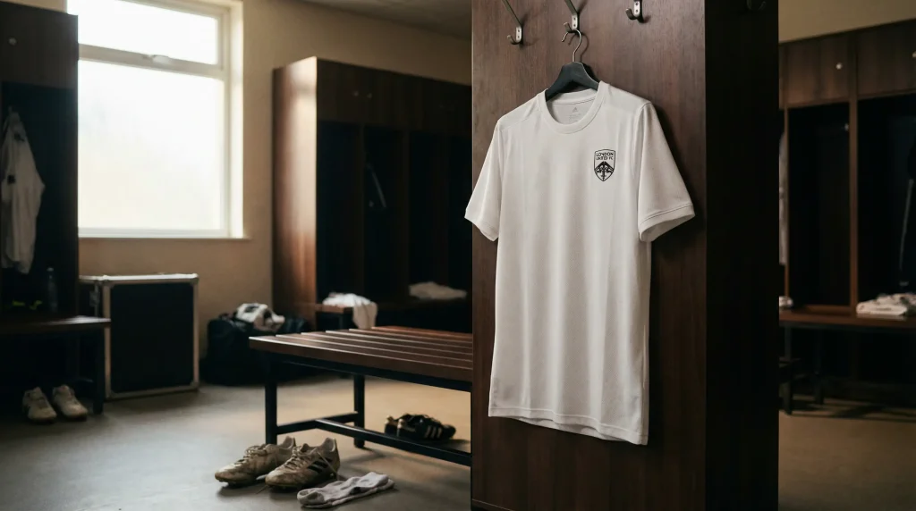 Camiseta de fútbol de la Eredivisie sin logotipo de patrocinador colgada en un vestuario