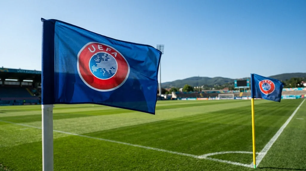 Bandera de la UEFA y un banderín de córner en un campo de fútbol europeo con césped recién cortado
