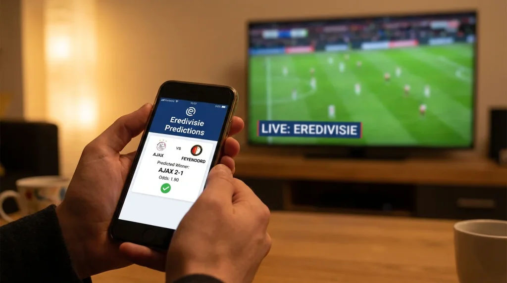 Persona revisando pronósticos deportivos en la pantalla de un teléfono móvil con un partido de fútbol de fondo