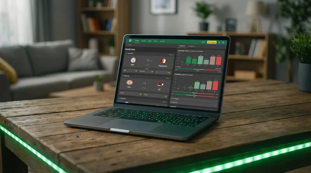 Pantalla de ordenador mostrando cuotas de apuestas de la Eredivisie con gráficos de probabilidad