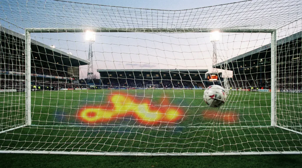Portería de fútbol vista desde dentro de la red con un balón entrando y marcas de zona de disparo en el campo
